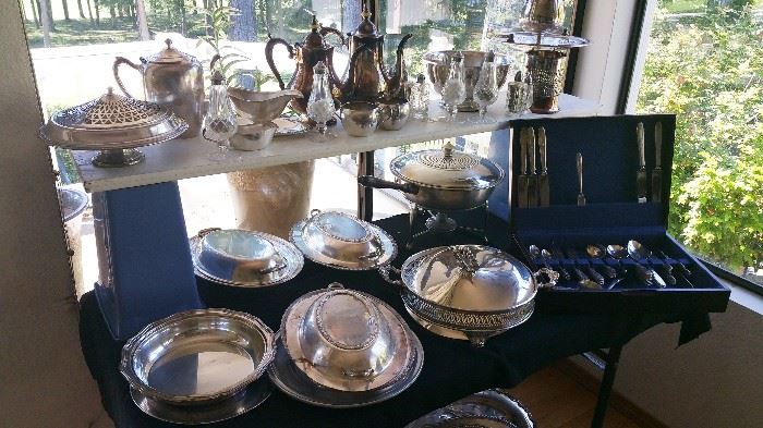 huge array of silver plate items, including flatware set