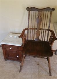 one of a pair of chairs - small antique marble top oak stand