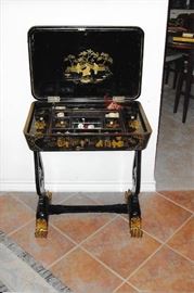 Antique Oriental Sewing Table with tools