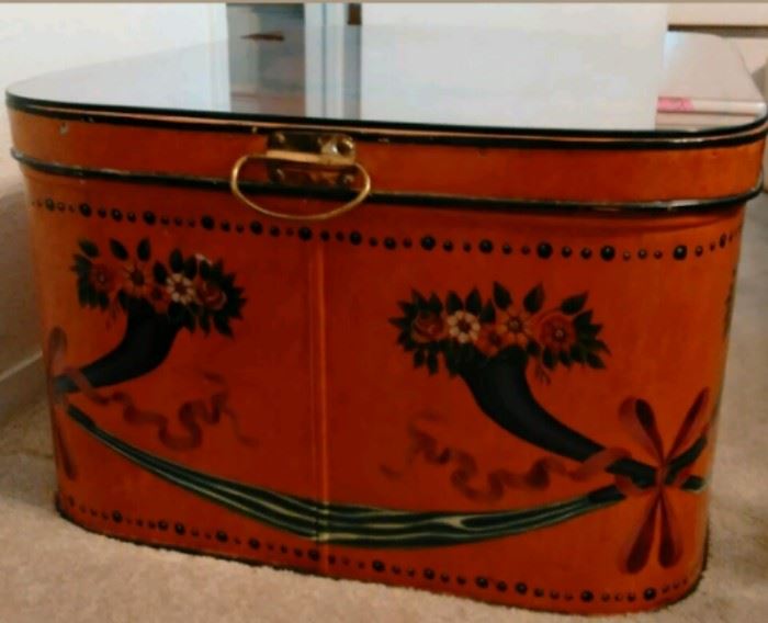 Original work - Antique Art Piece Hand Painted Metal Trunk - Glass Cover - original purchase tag still inside at $1050.... now $650