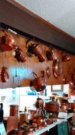 Copper scuttle buckets, tea pitchers, fondue set, canisters, pots & more