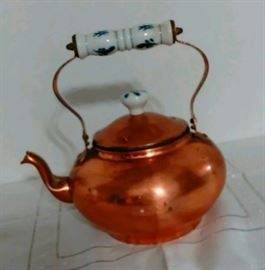 Copper bird beak tea pot with delft blue handle