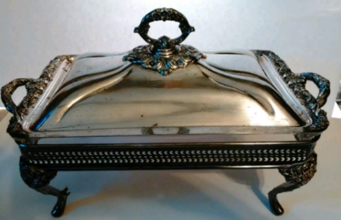 Silver Plate Footed Rectangle Silver Service with Lid & glass dish