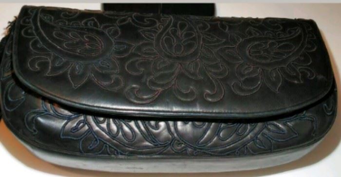 Vintage Never Used Judith Leiber Black Leather Embroidered Clutch with strap