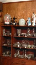 Waterford Crystal, vases, cut glass bowls, crystal ship decanters, oriental porcelain lady figurines, ginger jar, Japanese pitcher, crystal platters, crystal  & glass candle holders