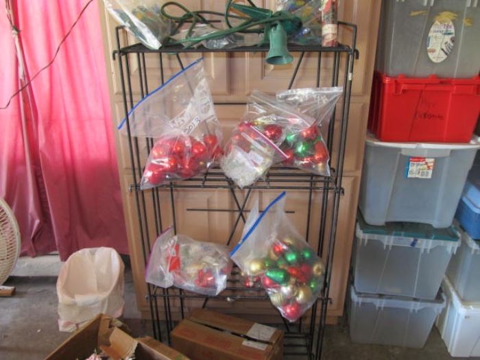 bags of ornaments, tubs of ornaments and lights