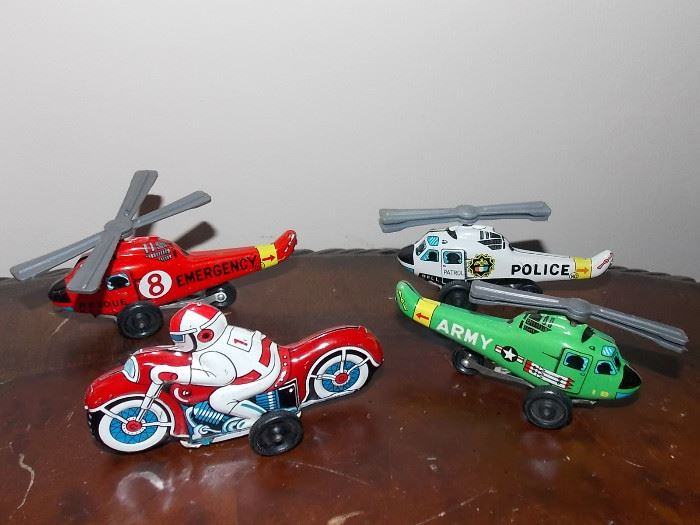 Vintage 1960s tin japan toys helicopter and motorcycle