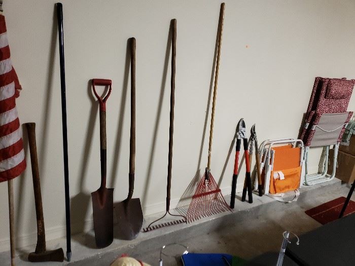 Yard tools, beach chairs
