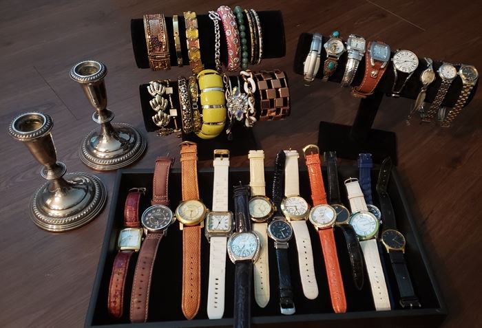 Watches, sterling silver candlesticks and costume jewelry