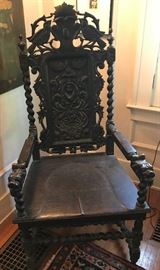 Large Anitque Renaissance Carved Oak Hunt Arm Chair 