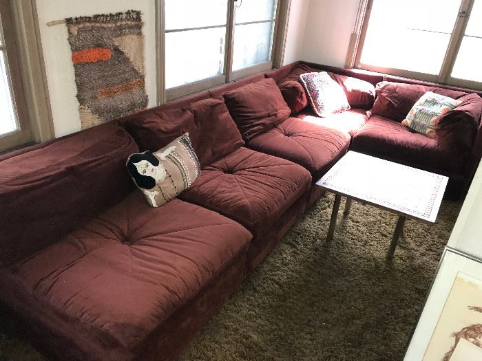 Brown velour sectional sofa