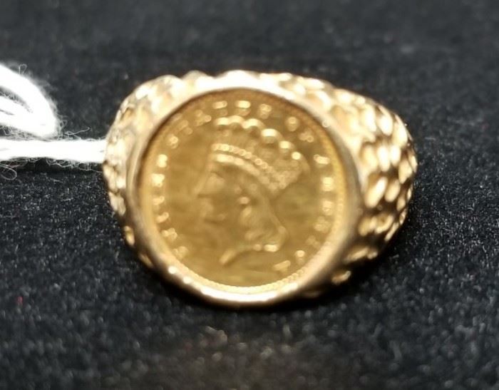1862 $1 gold coin in 14K gold ring