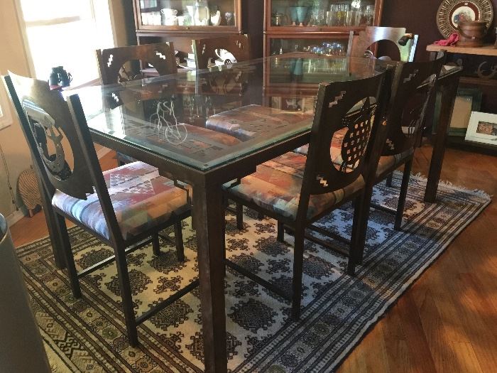 42" x 72" Metal glass top dining table & 6 chairs - Custom Southwestern design