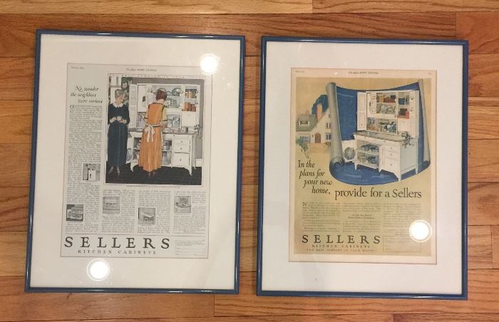 Vintage framed ads for Hoosier cabinets