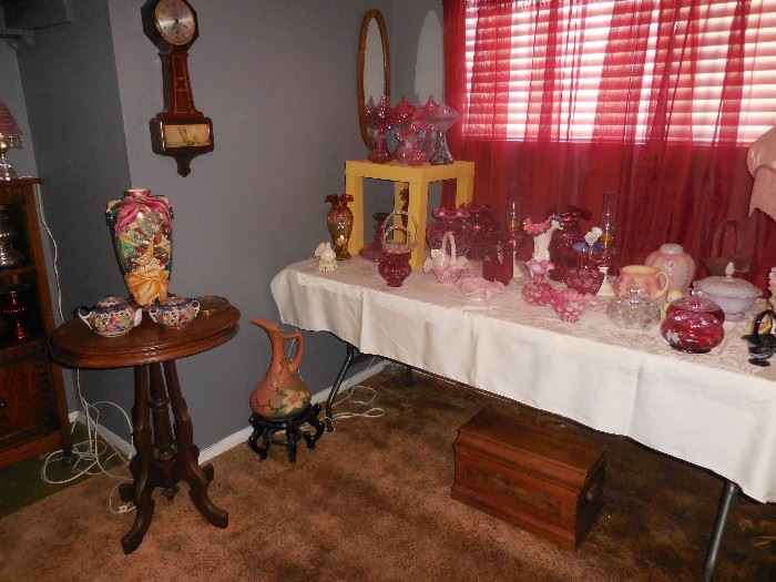 antique table, oriental vase, sugar and creamer, Fenton  Jack in the pulpit vases, baskets, vases and more, under the table is an antique box.