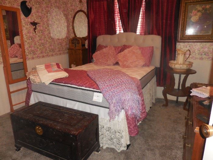 Carved chest, Antique stand with bowl and pitcher, Queen bed