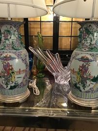 A pair of antique Chinese large vases mounted as lamps