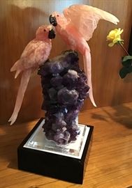 Large sculpture rose quartz parrots on amethyst crystal base, lights up, 26” high