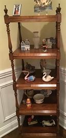 Traditional exotic wood etagere, bric a brac, Herend swan