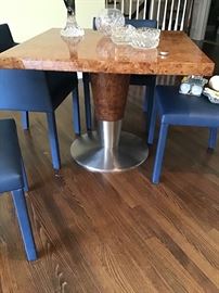 Burl table, leather chairs