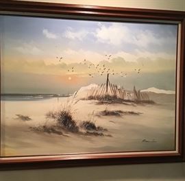 Large beach scene, oil on canvas, signed