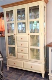 transitional style bare wood and white paint display and storage / china cabinet 