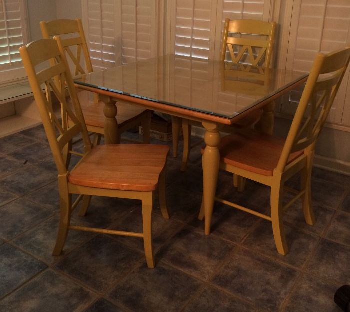 glass top square table with four chairs -- soft yellow finish