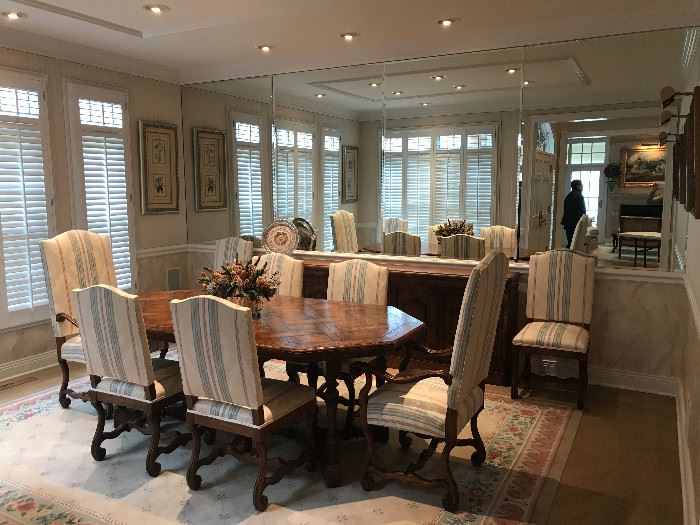 INTERIOR CRAFTS DINING ROOM SET WITH CHAIRS AND BUFFET.  THE RUG, PICTURES AND CENTERPIECE ARE NOT FOR SALE