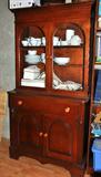 1940s DINING ROOM SET. LEWISBURG CHAIR AND FURNITURE COMPANY (LEWISBURG, PA). CHERRYWOOD. DINING ROOM TABLE (62" L X 40" W X 29" H), 6 CHAIRS, EXTRA TABLE LEAVES (3 AT 14" EACH), CHINA CABINET (36" W X 17" D BOTTOM AND 13" D AT TOP X 37" H) AND BUFFET (50" W X 20" D).