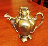 VINTAGE CHINESE BRONZE TEAPOT WITH DRAGON SPOUT AND LID. 8" H X 8" W.