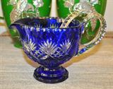 CZECHOSLOVAKIA, FULL CUT CRYSTAL COBALT BLUE AND CLEAR WITH SERVING LADLE. SAUCE DISH. NEIMAN MARCUS. 5" X 5".