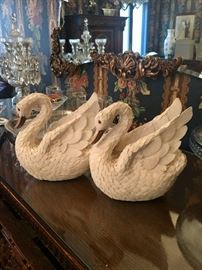Pair Chinese shell swans