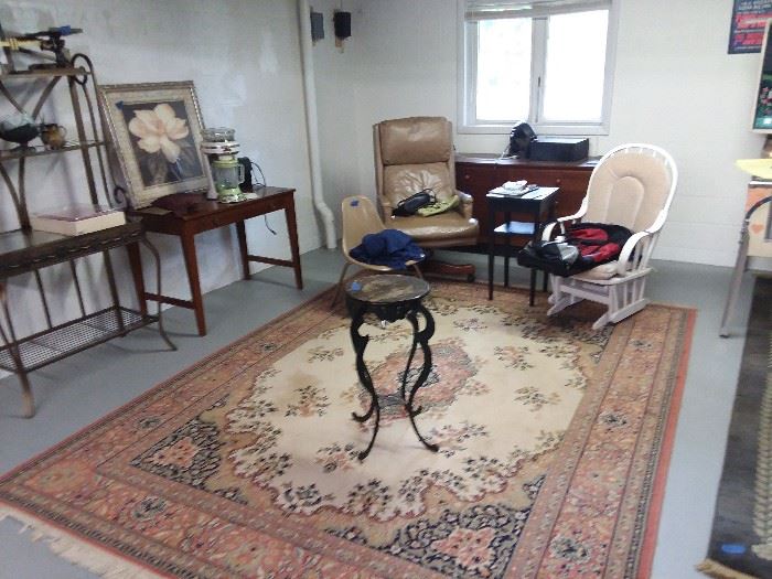 room size rug, rocking chair, antique fern table, misc.