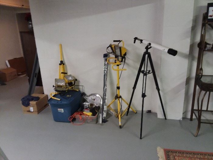 outdoor construction lights, telescope, tools