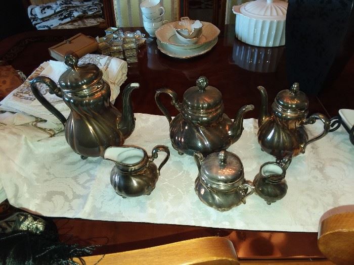 silver over porcelain tea set