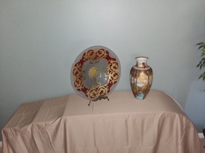 Satsuma vase and glass charger