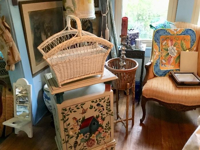 Wicker, antiques, candles, linens