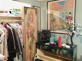 Asian lacquer painted furniture, vintage clothing & art 