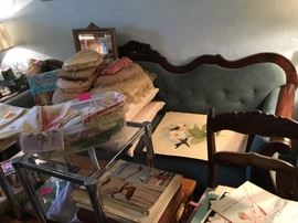 Great old settee, linens, old prints etc