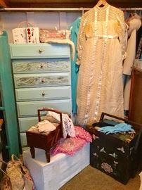 Chest of drawers, sewing boxes, gowns