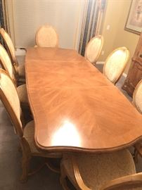 Bernhardt Dining Table with 2 Arm Chairs, 6 Side Chairs, and leaf insert. 