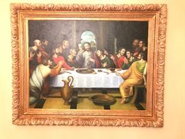 Last Supper Canvas Painting by C. Kramer with Custom Gold Frame. Approximately 59 inches Wide, Length 46 inches, 3 3/4 inches Deep