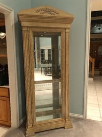 Pulaski Curio. White Birch Finish. 4 glass shelves, mirrored back, lighted interior, and 4 side entry doors. Solid wood. W36 D 17 H84