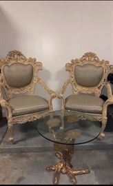Antique Side Chairs with Glass table and gold base 