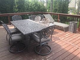 Patio Furniture. Rod Iron Set includes Rectangle Table, 4 Side Chairs with cushions, 2 Arm Swivel Chairs with cushions, bench with cushion, end table, lawn chair, & waste basket. 