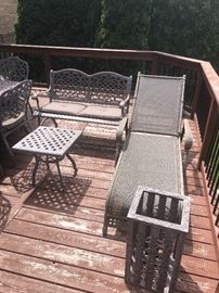 Patio Furniture. Rod Iron Set includes Rectangle Table, 4 Side Chairs with cushions, 2 Arm Swivel Chairs with cushions, bench with cushion, end table, lawn chair, & waste basket. 