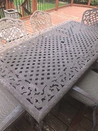 Patio Furniture. Rod Iron Set includes Rectangle Table, 4 Side Chairs with cushions, 2 Arm Swivel Chairs with cushions, bench with cushion, end table, lawn chair, & waste basket. 