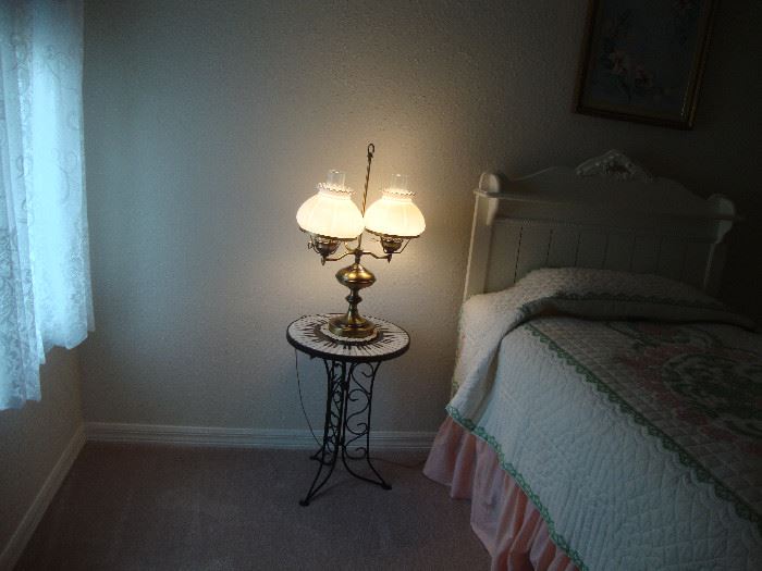 tile top table,  table lamp