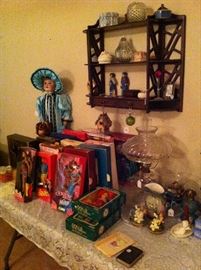 Vintage dolls, Barbie dolls, lamp, shelf