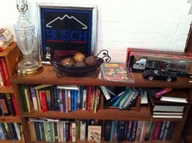 Bookshelves, Busch lighted sign, books